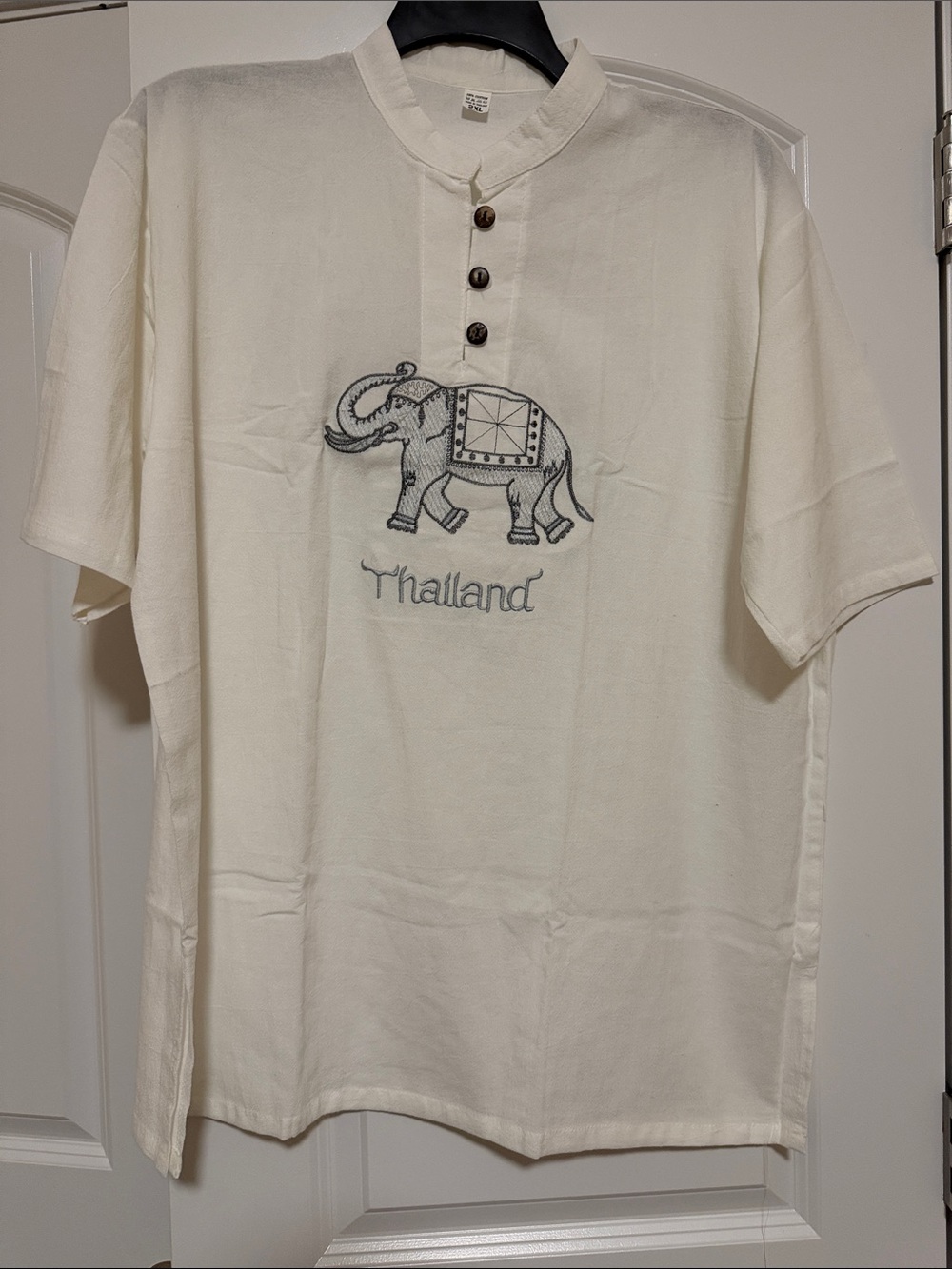 Thailand Embroidered Elephant Short-Sleeve Mens Top - Cream